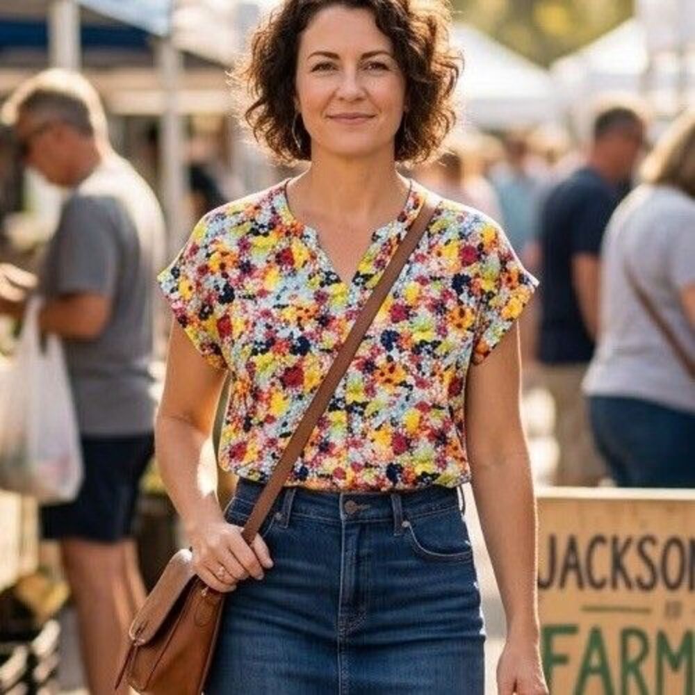 W5 by Anthropologie Abstract bright Painterly Short Sleeve Top Multicolor M
